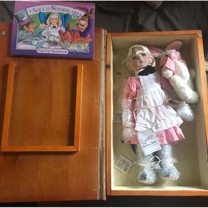 Alice in Wonderland Wood Book Box heirloom doll pup up book White Rabbit certifi